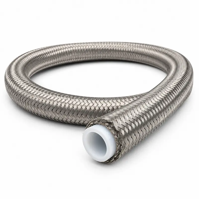 Manguera PTFE con malla de acero inoxidable para conducción de químicos, vapor, gases y fluidos industriales.
