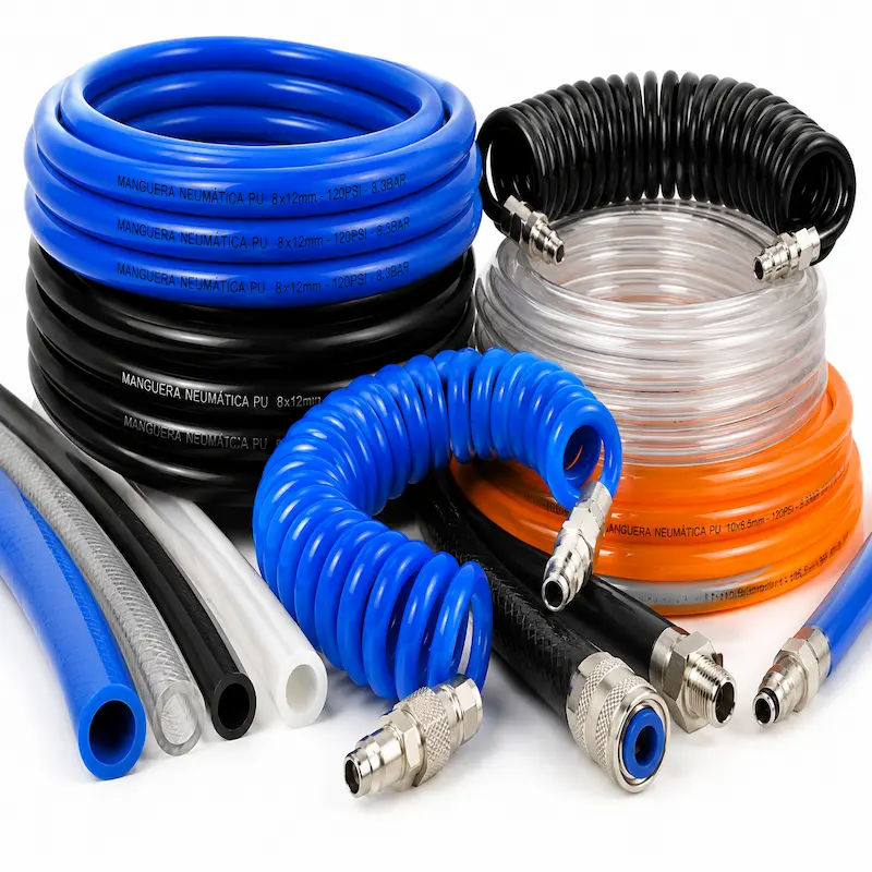 Mangueras neumáticas industriales de poliuretano PU, nylon, PE y espiral para sistemas de aire comprimido y automatización industrial