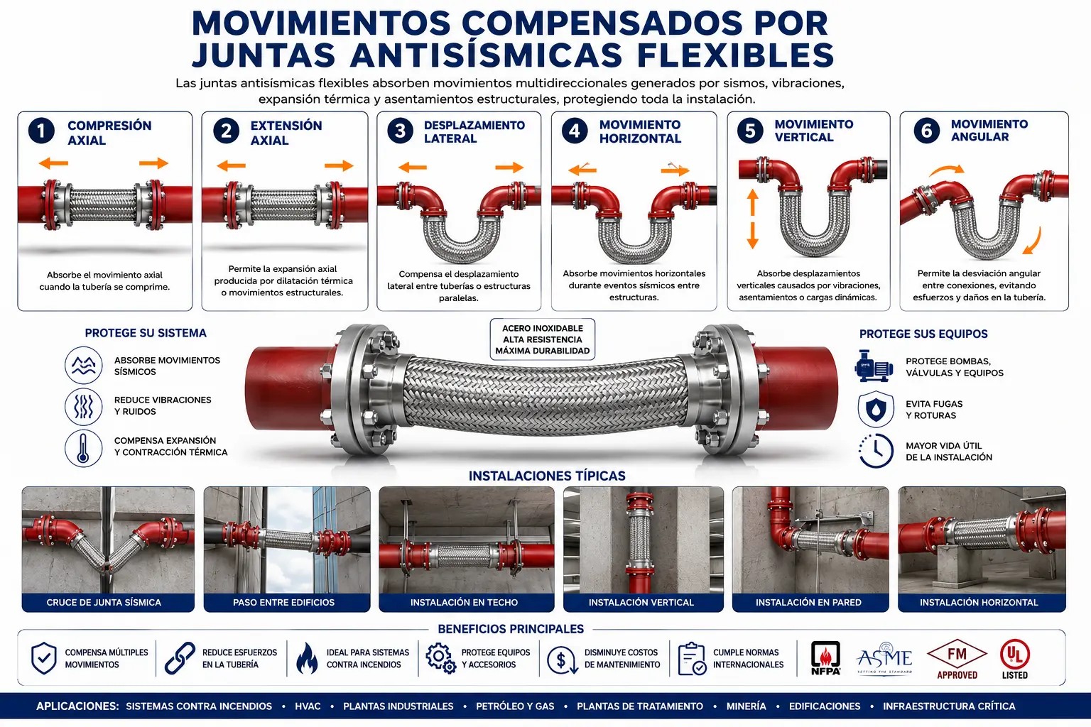 Movimientos axiales, laterales, verticales y angulares compensados por juntas antisísmicas flexibles