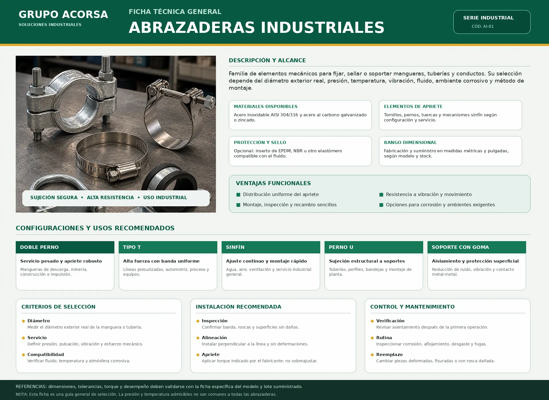 Ficha técnica de abrazaderas industriales de alta resistencia para mangueras y tuberías en Perú
