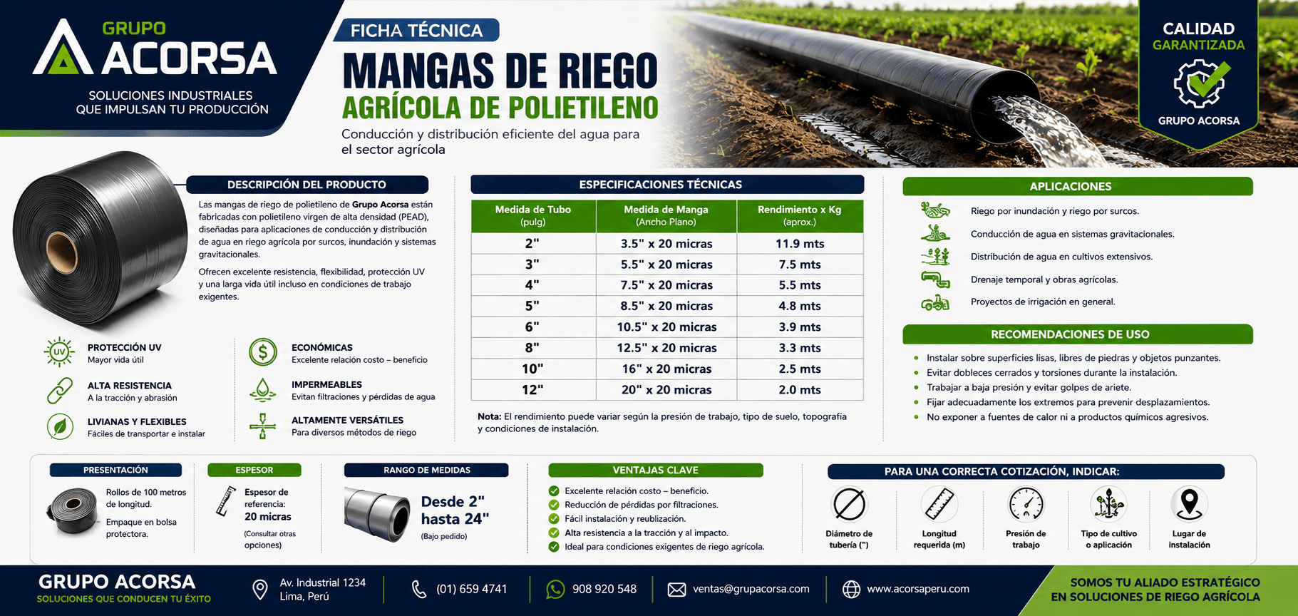 Ficha técnica de mangas de polietileno para riego agrícola de 2 a 24 pulgadas – Grupo Acorsa Perú